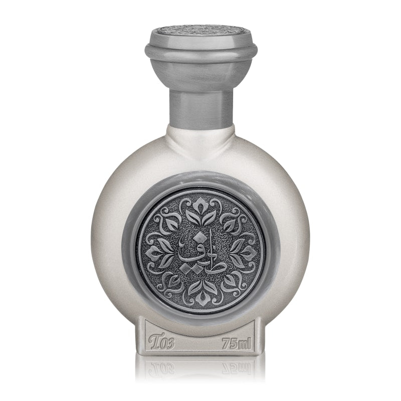 Silver perfume bottle with intricate design on a white background. Its Taif Al Emarat's T03 EDP 75mL
