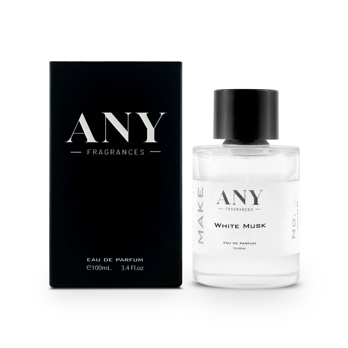 An EDP 100mL bottle of White Musk perfume by ANY fragrances along with its Pack