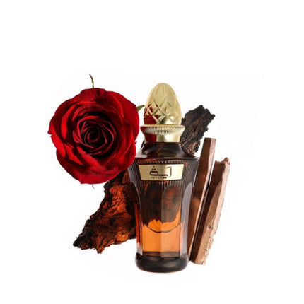 Thaqaf EDP 50mL by Ahmed Al Maghribi . Oud , Rose and Cashmere wood can be seen in the background.