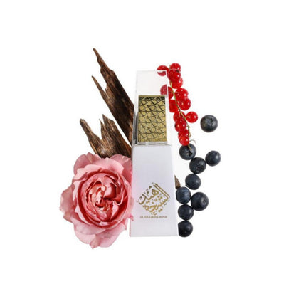Al Shaikha Hind EDP 50mL by Ahmed Al Maghribi. Rose, Oud,  Black currant, and red berries can be seen in the background.