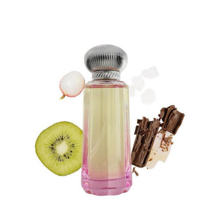 Anab EDP 100mL by Ahmed Al Maghribi. Kiwi, Litchi, Chocolate can be seen in the white background.