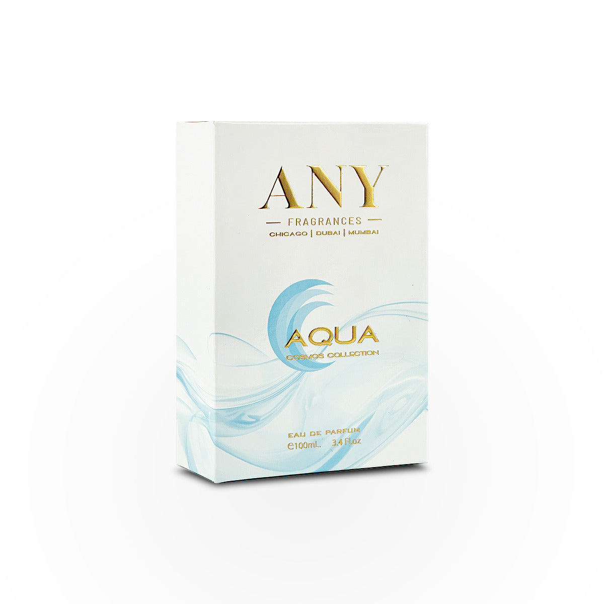 A perfume box for "ANY" fragrances, featuring their "AQUA" scent from the Cosmos Collection.