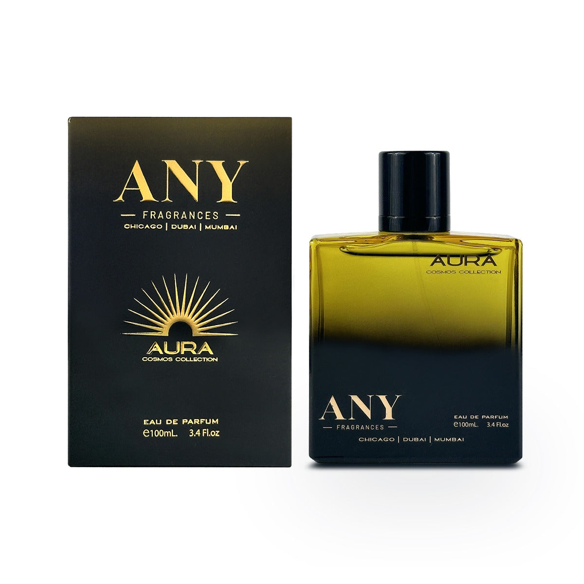 A perfume box for "ANY" fragrances, featuring their "AURA" 100mL scent from the Cosmos Collection.