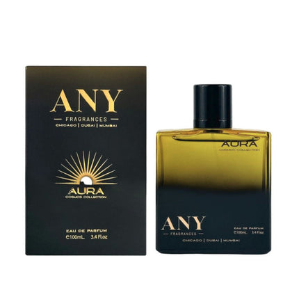 A perfume box for "ANY" fragrances, featuring their "AURA" 100mL scent from the Cosmos Collection.