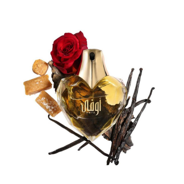 Awfa EDP 60mL by Ahmed Al Maghribi.  Rose, Vanilla, Oud and Caramel can be seen in the white background