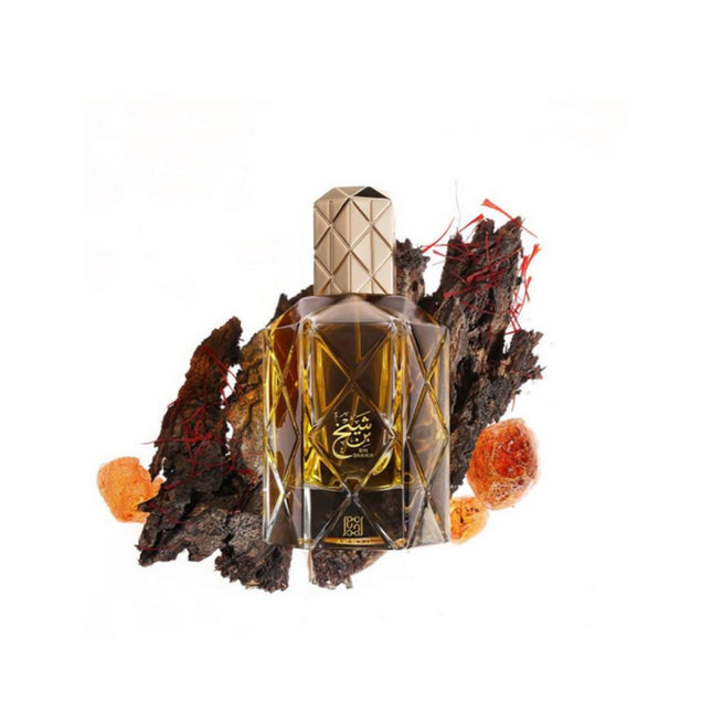 Bin Shaikh EDP 90mL by Ahmed Al Maghribi Perfumes. Oud and Amber can be seen in the white background.