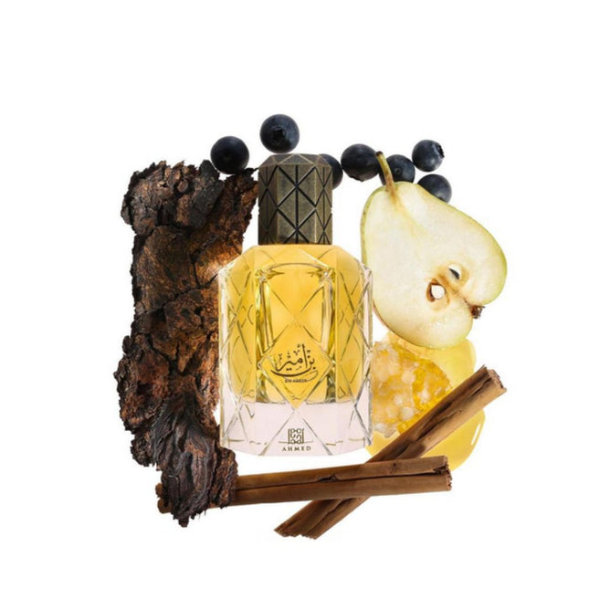 Bin Ameer EDP 90mL by Ahmed Al Maghribi. Black Currant, Agarwood, Pear, and Cinnamon can be see in the background.