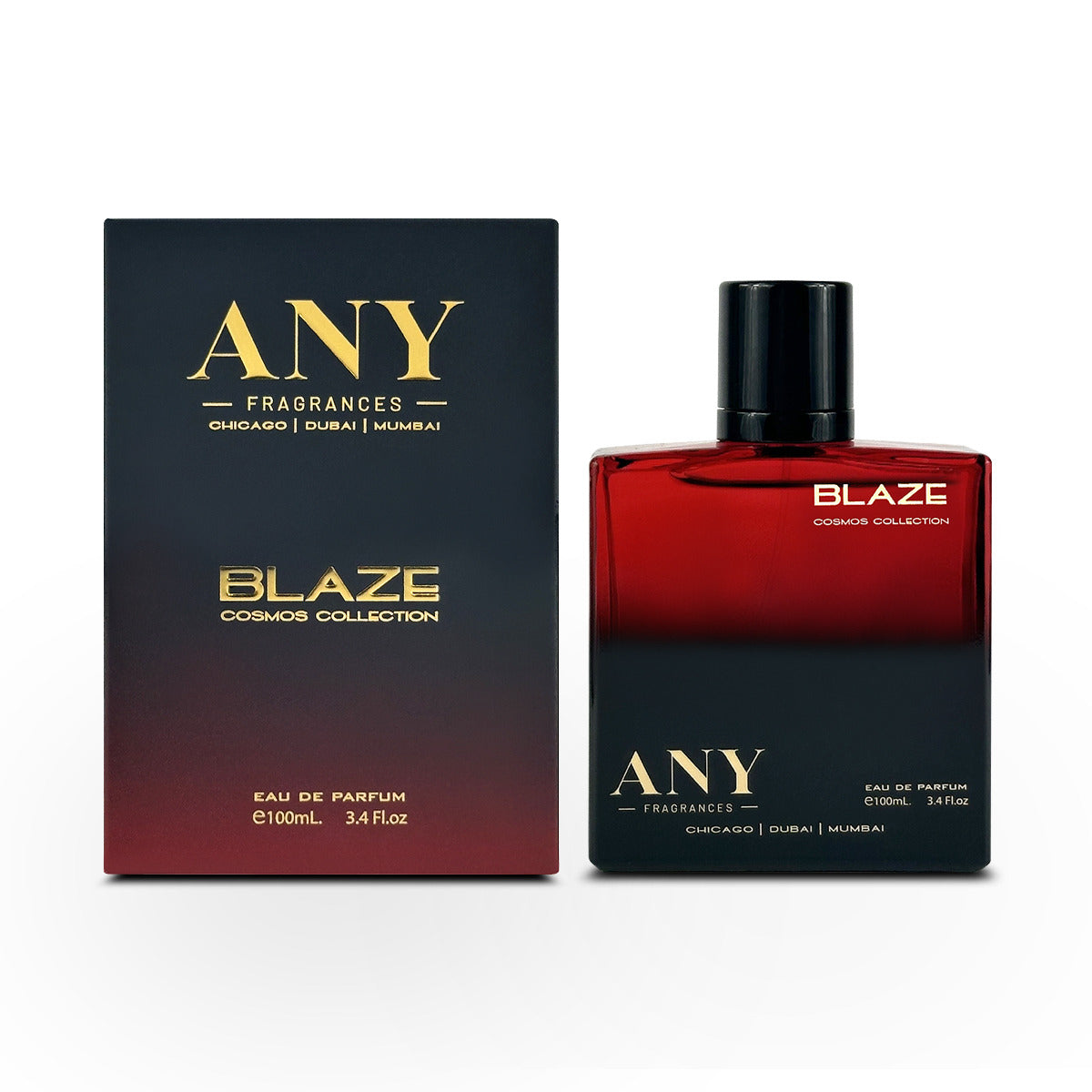 A bottle of "ANY" Blaze Eau de Parfum, a 100mL fragrance from the Cosmos Collection.