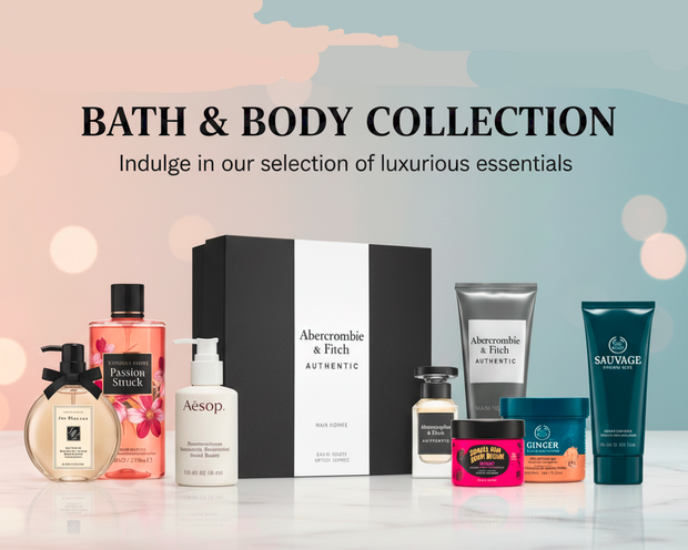 Bath and body products with Abercrombie & Fitch and Aesop branding on a reflective surface.