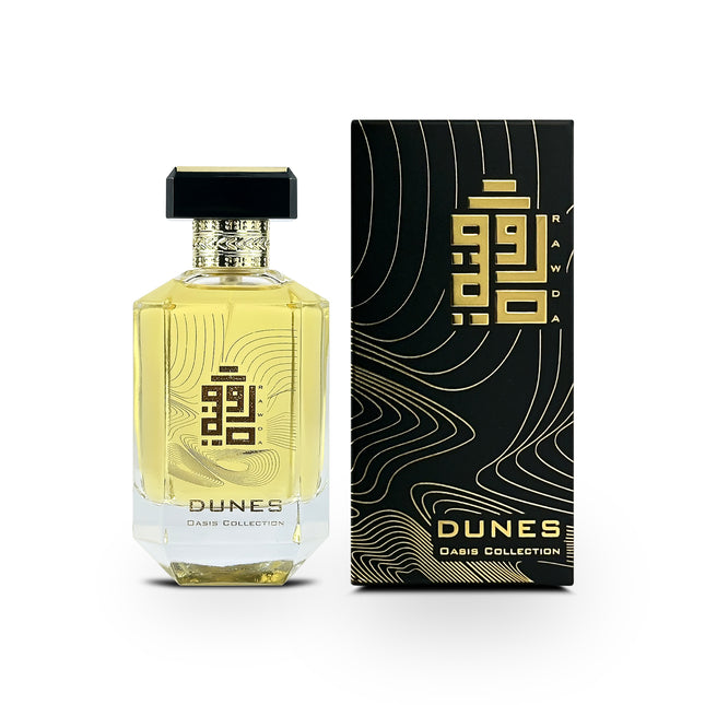 Dunes EDP 100mL perfume bottle by Rawda Perfumes along with the Box
