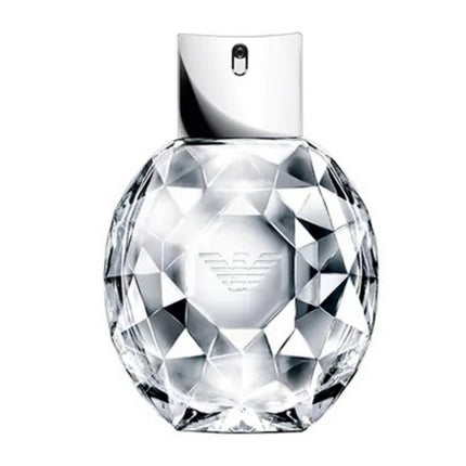 Crystal perfume bottle with Emporio Armani logo on a white background