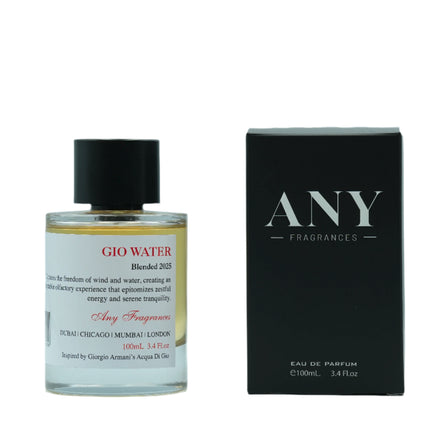 Perfume bottle and packaging of ANY Fragrances Gio Water EDP 100mL Spray