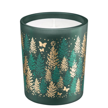 Candle in a green container with fern and butterfly pattern on a white background. It is Goutal Une Foret D'Or Green Scented Candle 300g