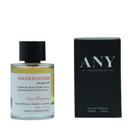 Perfume bottle and packaging of ANY Fragrances Halfeti Elixir