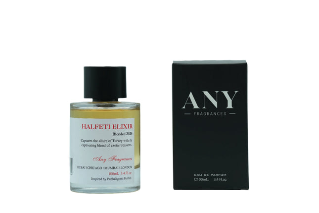 Perfume bottle and packaging of ANY Fragrances Halfeti Elixir