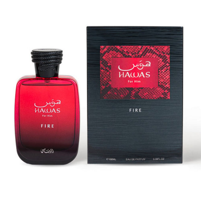 Hawas Fire EDP 100mL by Rasasi along with its Pack