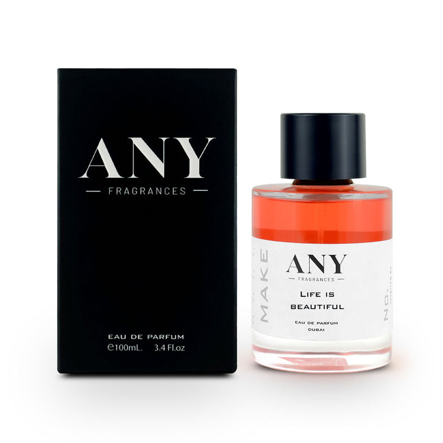 ANY Fragrances Life Is Beautiful Eau de Parfum 100ml bottle with orange liquid next to its black packaging box on a white background.