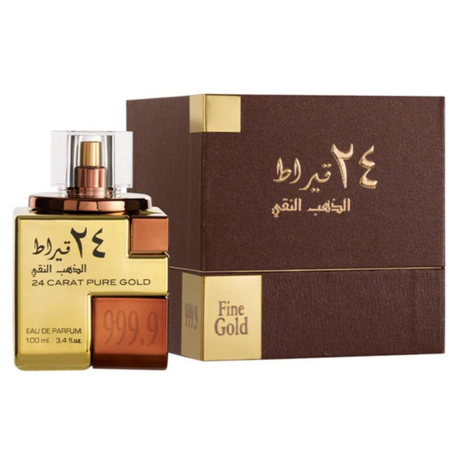 Lattafa 24 Carat Pure Gold EDP 100mL along with its Packaging