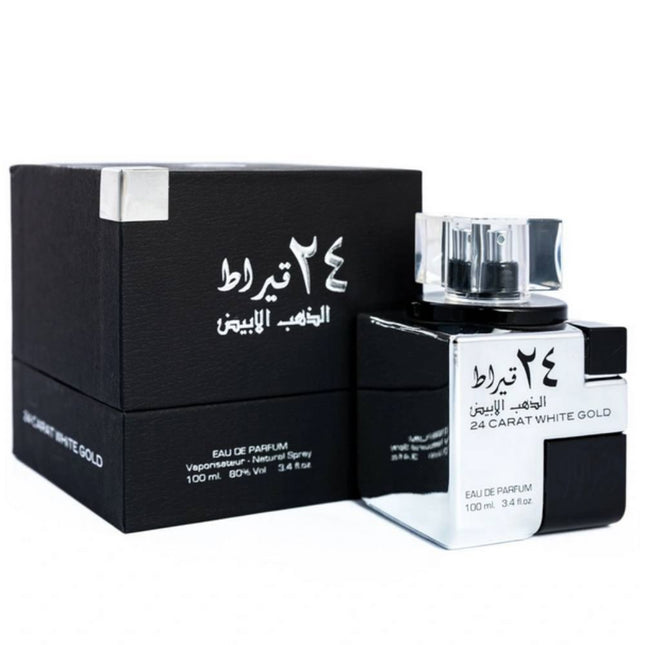 Lattafa 24 Carat White Gold EDP 100mL along with its Packaging