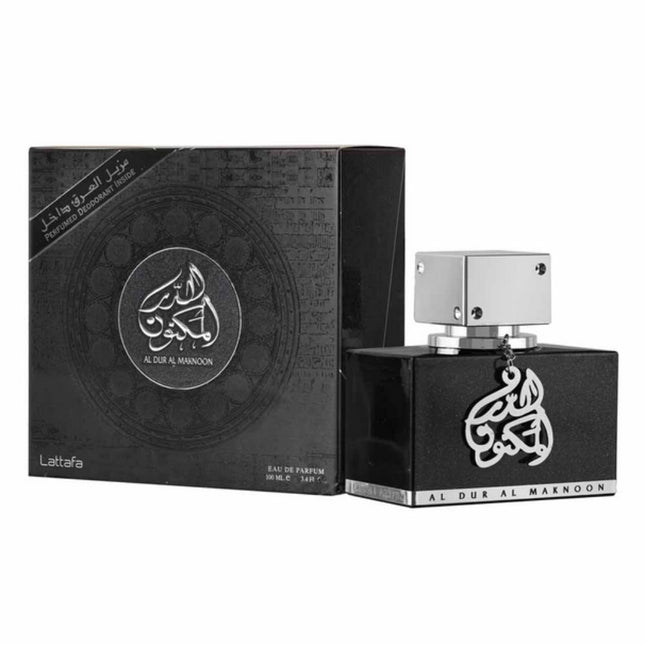 Lattafa Al Dur Al Maknoon Silver EDP 100mL along with its Packaging. 
