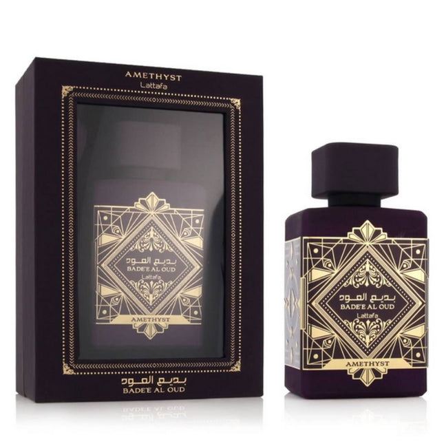 Lattafa Bade'E Al Oud Amethyst EDP 100mL along with its Packaging