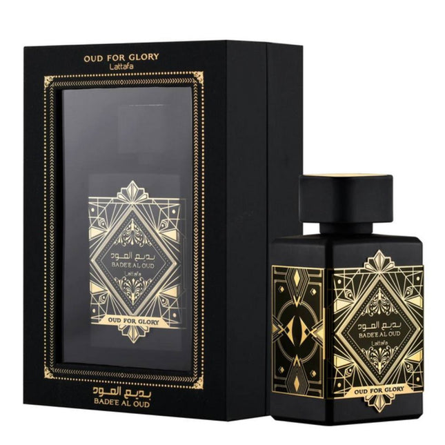Lattafa Bade'E Al Oud Oud For Glory EDP 100mL along with its Packaging