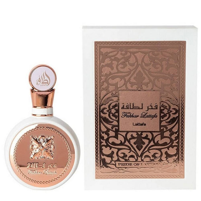 Lattafa Fakhar Rose for Women EDP 100mL along with its packaging