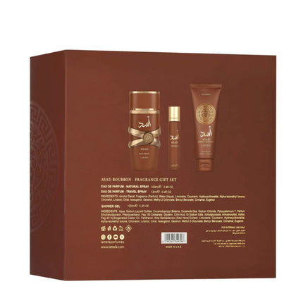 Lattafa Asad Bourbon 3-in-1 Gift Set | Includes 100ml EDP, 12ml EDP, and Shower Gel