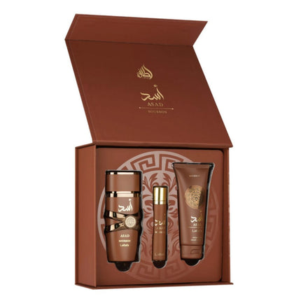 Lattafa Asad Bourbon 3-in-1 Gift Set | Includes 100ml EDP, 12ml EDP, and Shower Gel