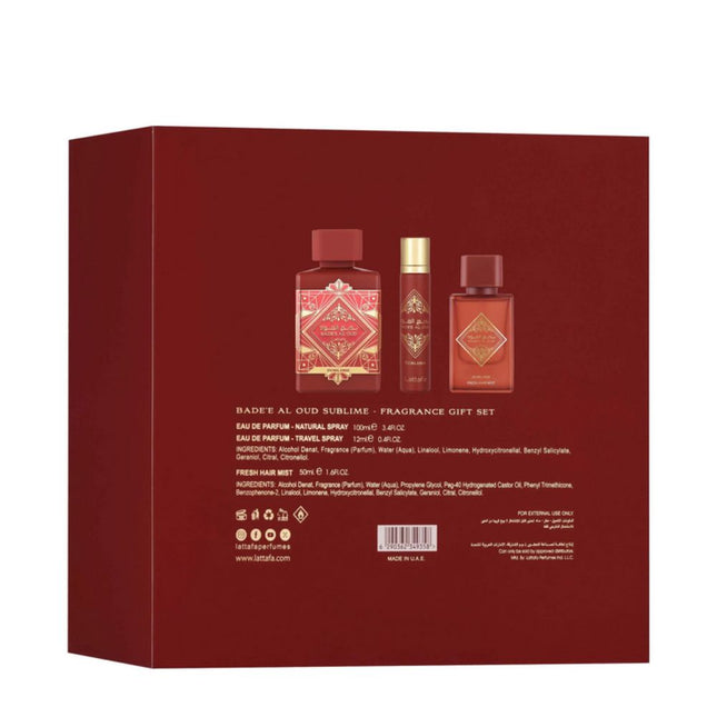 Red gift box with Badee Al Oud perfume bottles on a white background. It is the Lattafa Gift Set – Badee Al Oud Sublime: Lattafa Sublime 3-in-1 Gift Set | Includes 100ml EDP, 12ml EDP, and Hair Mist