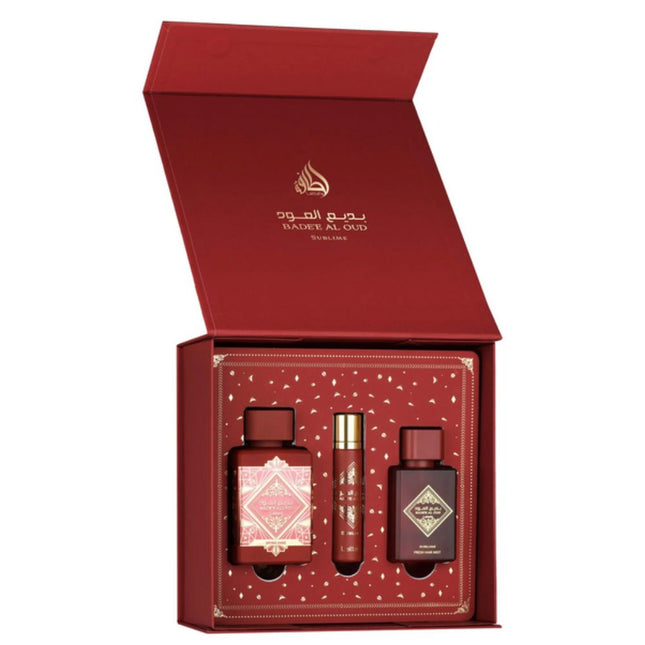 Lattafa Gift Set – Badee Al Oud Sublime: Lattafa Sublime 3-in-1 Gift Set | Includes 100ml EDP, 12ml EDP, and Hair Mist