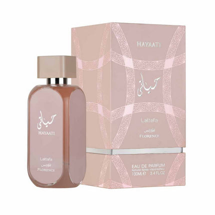 Lattafa Hayaati Florence for Women EDP 100mL along with its Packaging