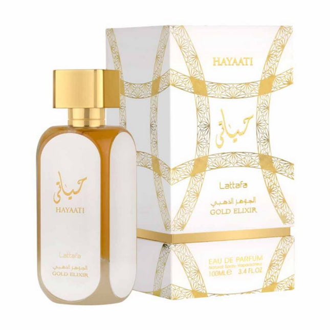Lattafa Hayaati Gold Elixir EDP 100mL along with its Packaging