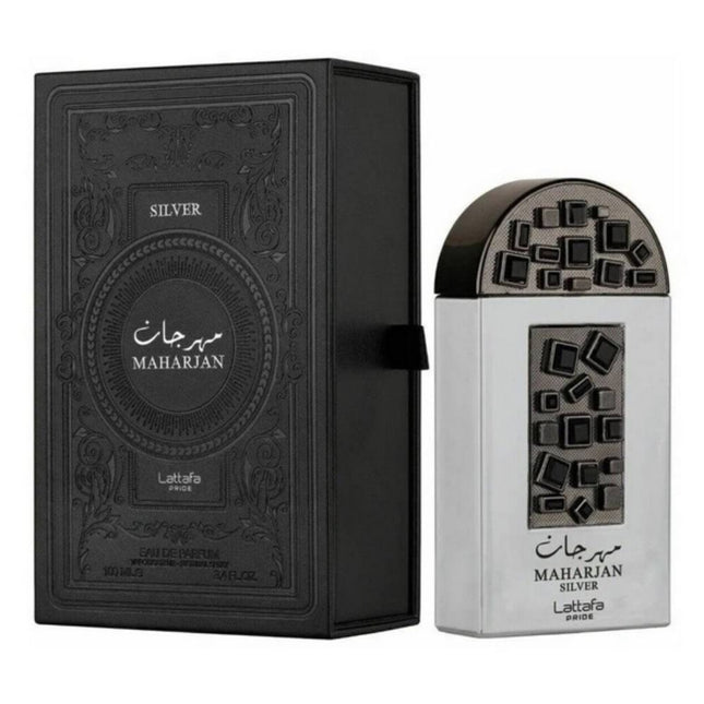 Lattafa Maharjan Silver EDP 100mL along with its Packaging
