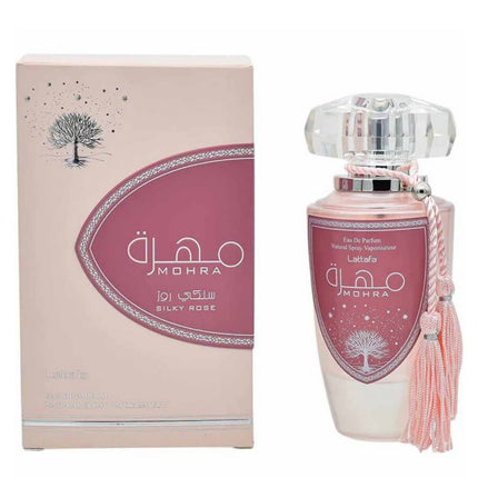 Lattafa Mohra Silky Rose For Women EDP 100mL along with its Packaging