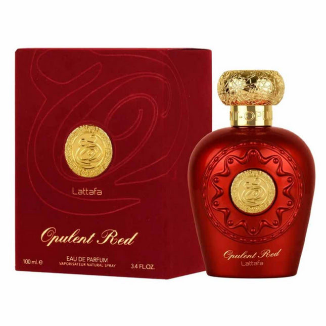 Lattafa Opulent Red EDP 100mL along with its Packaging