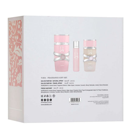 The Pack Containing Lattafa Yara 3-in-1 Gift Set | Includes 100ml EDP, 12ml EDP, and Hair Mist
