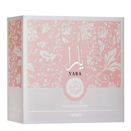 The Pack containing Lattafa Yara 3-in-1 Gift Set | Includes 100ml EDP, 12ml EDP, and Hair Mist