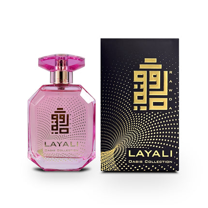 Layali EDP 100mL perfume bottle along with its Box by rawda Perfumes