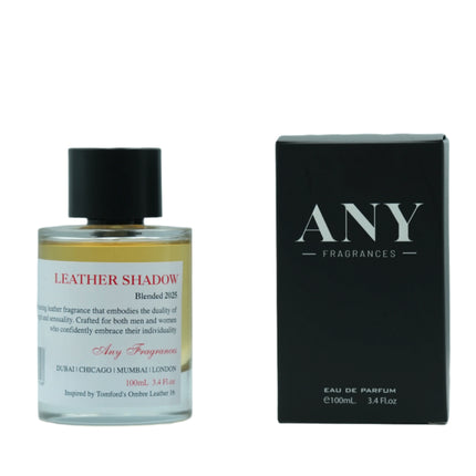 ANY fragrances Leather Shadow EDP 100mL Spray along with its packaging