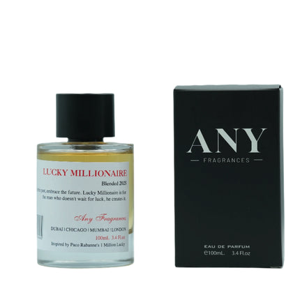 Perfume bottle and packaging of 'Lucky Millionaire' by ANY Fragrances.