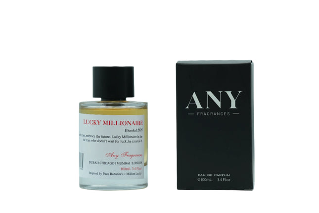 Perfume bottle and packaging of 'Lucky Millionaire' by ANY Fragrances.
