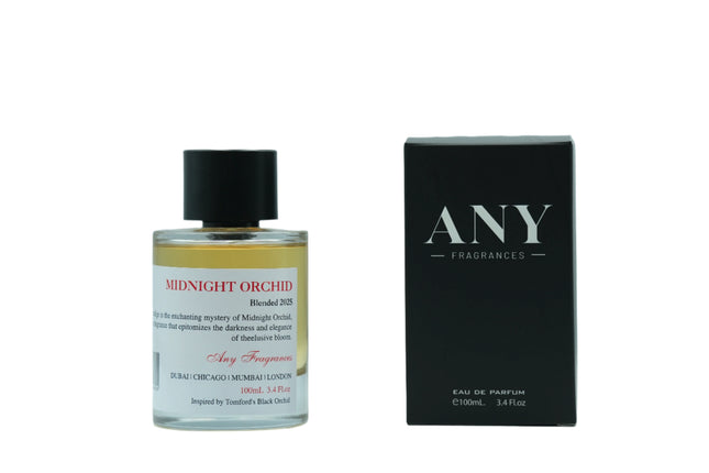 ANY fragrances MIDNIGHT ORCHID EDP 100mL Spray along with its packaging
