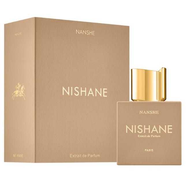 Nishane Extrait de Parfum packaging with gold cap and box on a white background