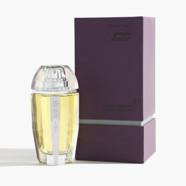 Perfume bottle and packaging with 'Nasimy' branding on a white background