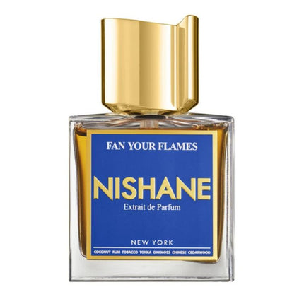 Nishane perfume bottle with gold cap and blue label on a white background