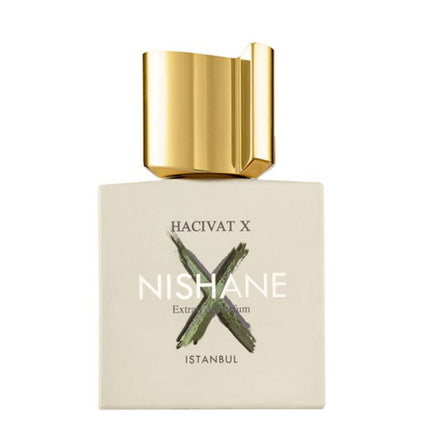 Nishane Hacivat X perfume bottle with gold cap on a white background