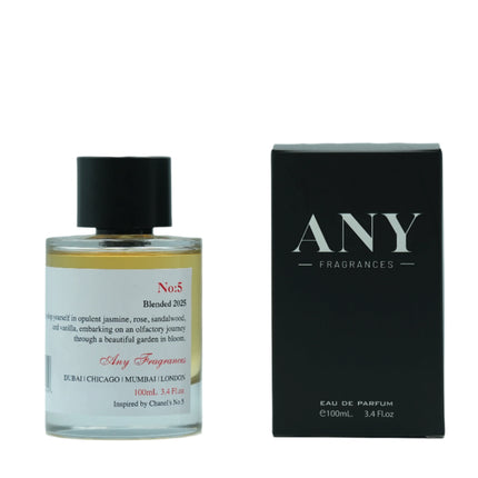 An EDP 100mL bottle of No:5 by ANY fragrances. This perfume is Inspired by Chanel's No 5