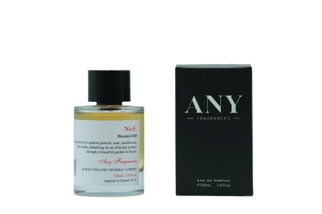 An EDP 100mL bottle of No:5 by ANY fragrances. This perfume is Inspired by Chanel's No 5