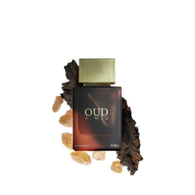 Oud AMG EDP 50mL by Ahmed Al Maghribi. Oud abd Amber can be see in the White background. 